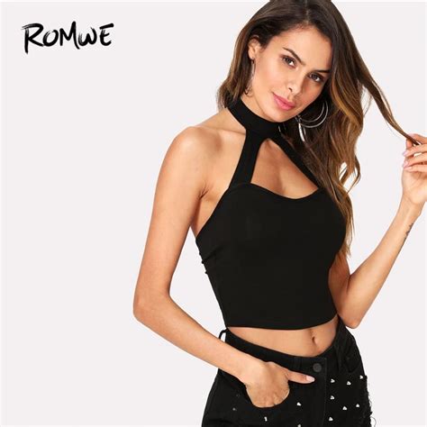 Buy Romwe Open Front Halter Crop Top 2019 Sexy Black Solid Female Slim Fit