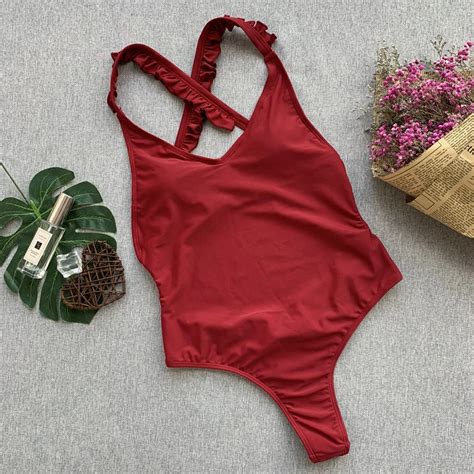 New Wine Red Women Sexy Beach One Piece Swimsuit Backless Back Cross