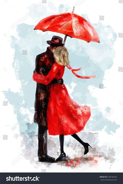 Romantic Couple Under An Red Umbrella Kiss Watercolor Lovely Illustration For Valentine S Day