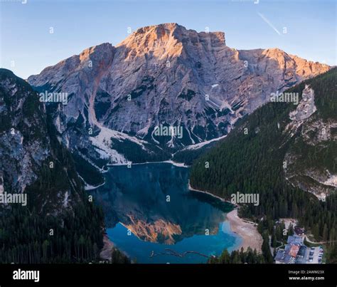 Aerial View Of The Beautiful Reflection Of Seekofel Mountain In Lake