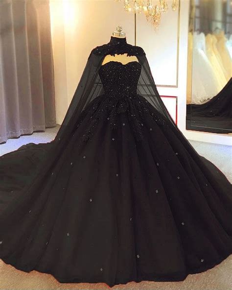 Appliques Beaded Ball Gown Sleeveless Black Wedding Dresses With Cape From Mychicdress