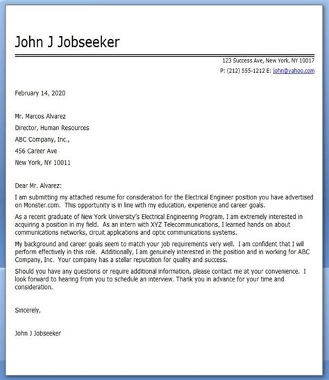 electrical engineering cover letter examples creative