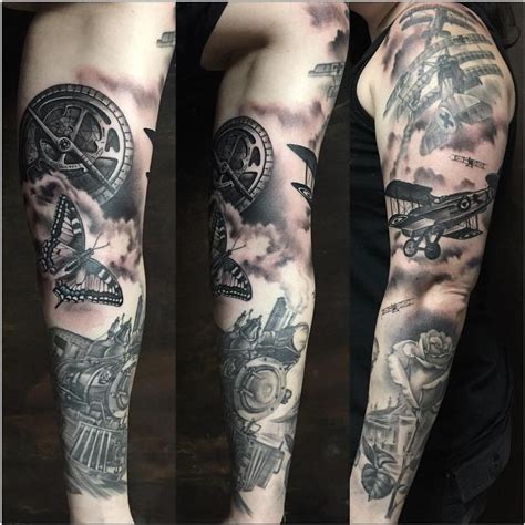Realistic Full Sleeve Planes And Train By Yarda Tattoos