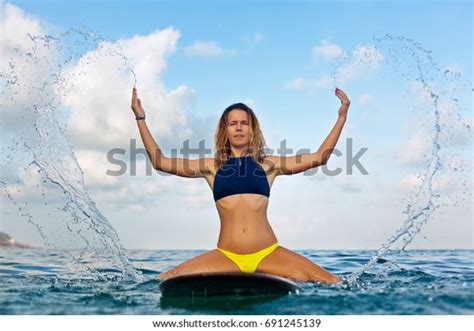Happy Girl In Bikini Have Fun Before Surfing Surfer Sit On Surf Board