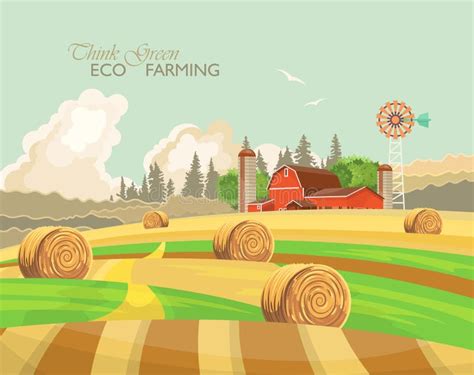 Farm Rural Landscape With Haystacks Agriculture Vector Illustration