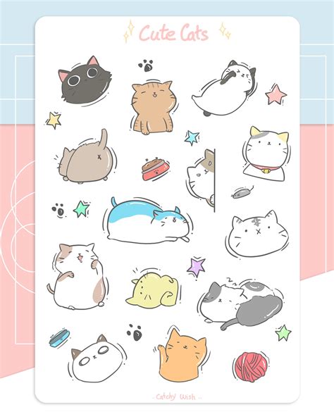 Cute Cat Sticker Sheet Digital Printable Cats Stickers Etsy