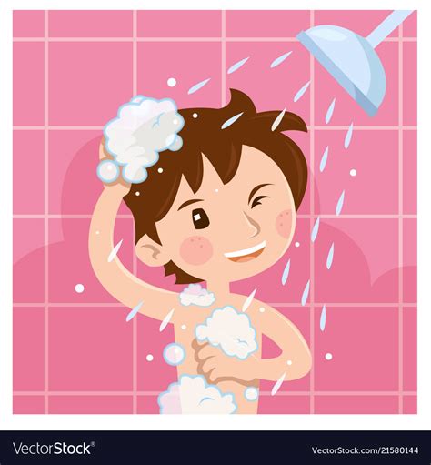 Cute Boy Taking Shower In Bathroom In The Morning Vector Image