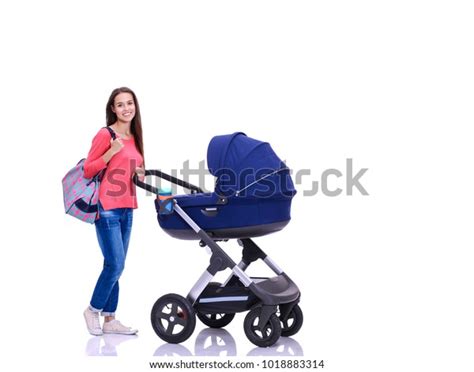Full Length Portrait Mother Stroller Isolated Stock Photo 1018883314