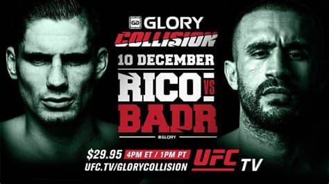 Kijk hier op zaterdag 19 december om 21.00 uur live naar glory 76 via de (betaalde) livestream hierboven. GLORY: Collision Rico vs. Badr on December 10th - YouTube