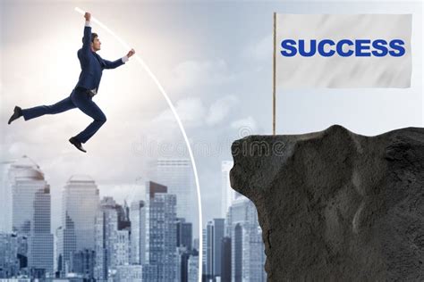 The Businessman Pole Vaulting Towards His Success Goal Stock Image