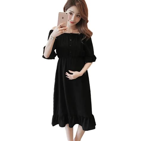 Pengpious 2019 Fashion Maternity Slash Neck Chiffon Dress Short Sleeve Black Elegant Pregnant