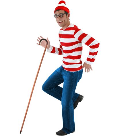 Wheres Waldo Costume Kit With Cane Hat Striped Shirt Glasses Adult