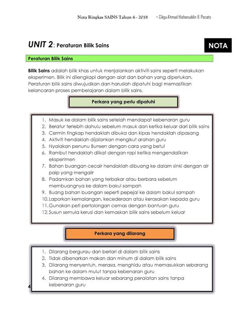 Nota ringkas sains tahun 6 unit 1: NotaSains T6: Peraturan Bilik Sains