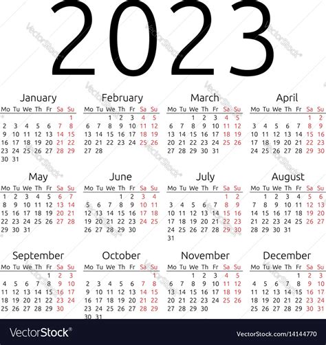 Simple Calendar 2023 Monday Royalty Free Vector Image