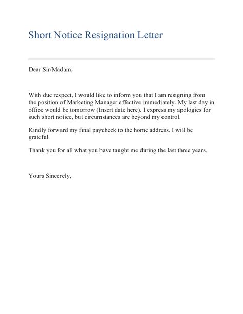Short Resignation Letter For New Job