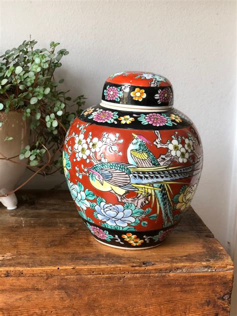 Vintage Japanese Ginger Jar With Floral Pattern And Bird Style Asian Urn Pottery Jar Lidded