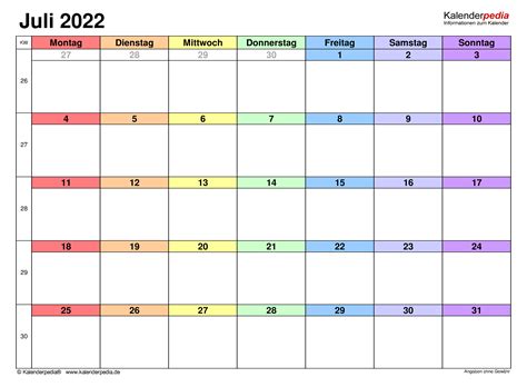 Kalender Juli 2022 Als Word Vorlagen