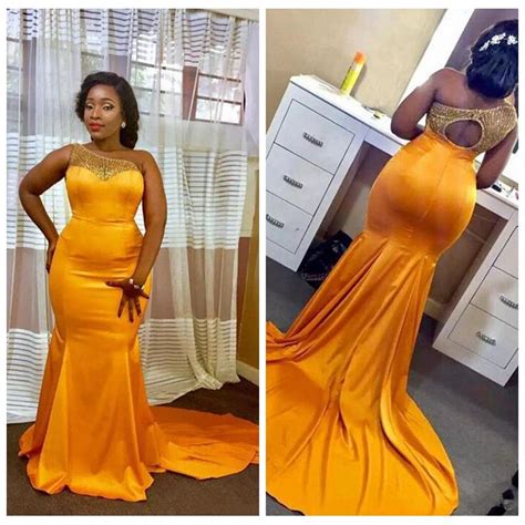 2018 African Plus Size Yellow Mermaid Prom Dresses Long One Shoulders