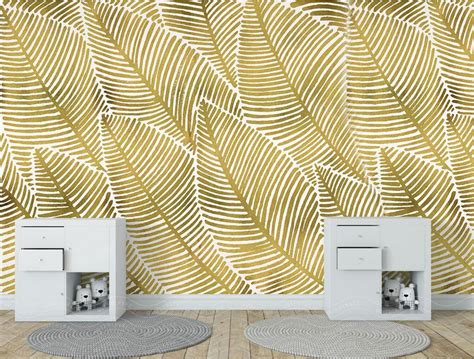 Yellow Palm Leaves Wallpaper Wall Mural Palm Leaves Wall Etsy
