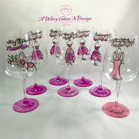 Swarovski Crystals Custom Hand Painted Bridesmaids Dress Wine Glasses A Wincy Glass N Design