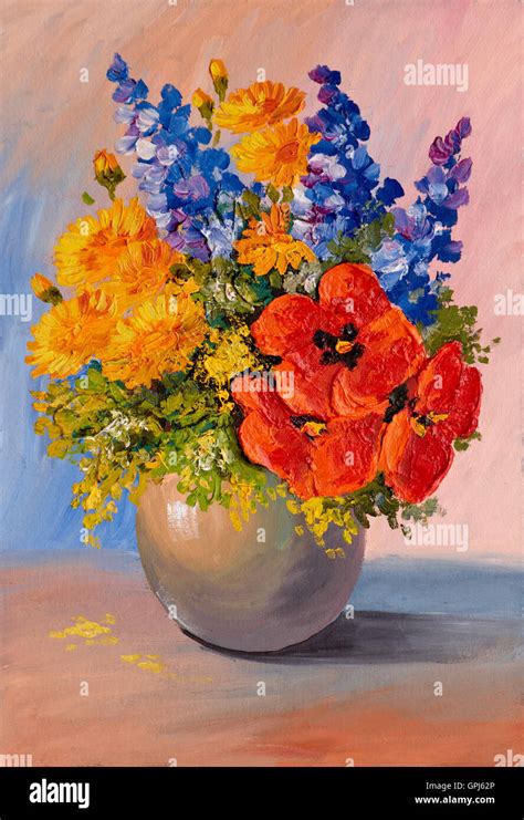 Oil Painting Still Life A Bouquet Of Flowers Vase Decoration
