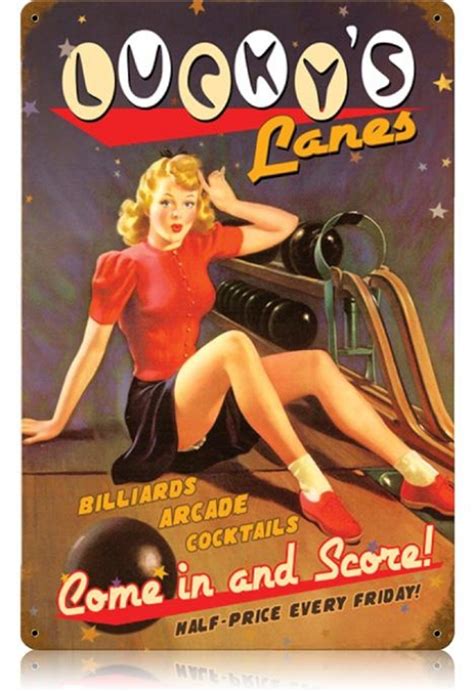 Vintage Lucky Lanes Pin Up Girl Metal Sign 12 X 18 Inches