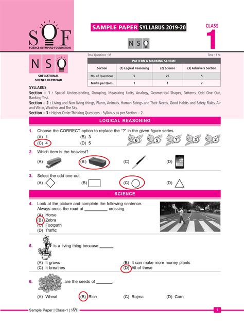 National Science Olympiad Nso Class 1 Sample Paper Class 1 Maths