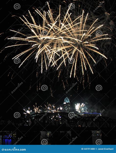 White Fireworks Over The Cincinnati Skyline Stock Photo Image Of