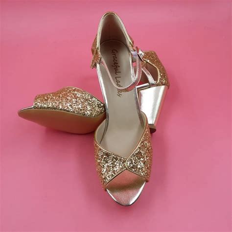 Gold Sequin Wedding Shoes Peep Toe Ankle Straps Low Chunky Heel Bridal