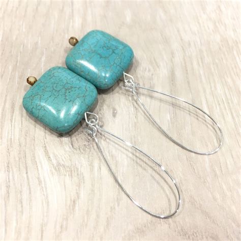 Large Turquoise Earrings Long Turquoise Earrings Square Etsy
