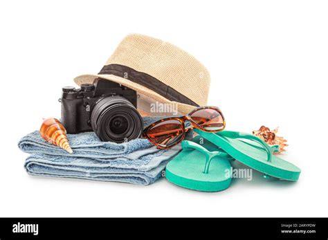 Set Of Beach Accessories On White Background Stock Photo Alamy