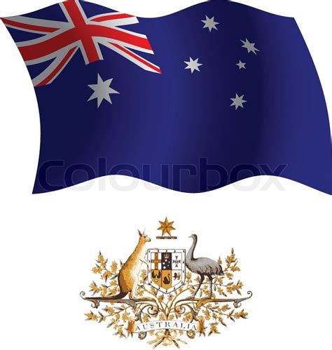Australia Wavy Flag And Coat Of Arms Against White Background Vector