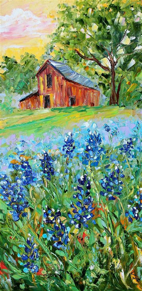 Original Oil Painting Texas Bluebonnet Landscape Palette Knife