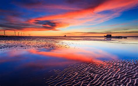 Sea, beach, sunset, boats, red sky wallpaper | nature and landscape ...