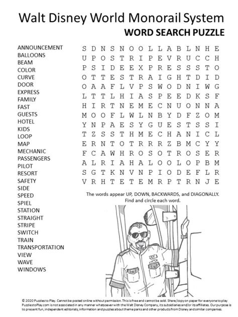 Walt Disney World Monorail Word Search Puzzles To Play