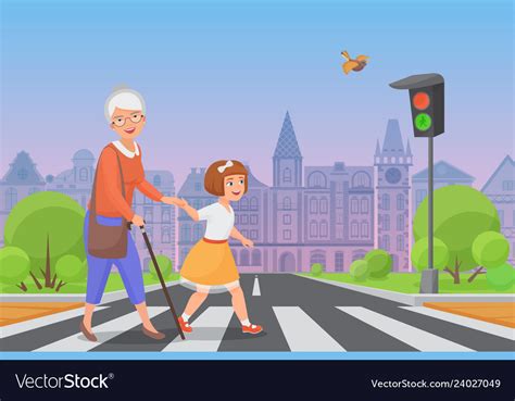 Girl Helps Old Lady To Cross Road Royalty Free Vector Image
