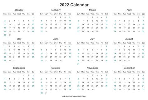 2022 Calendar Printable Landscape Layout