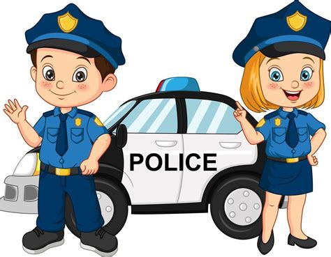 Niños De La Policía De Dibujos Animados De Pie Cerca Del Coche De
