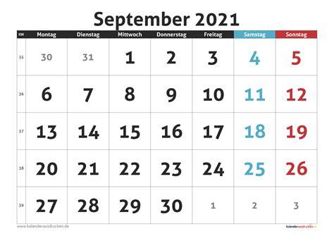 Kalender 2021/2022 mit kalenderwochen und den deutschen feiertagen. Kalender September 2021 zum Ausdrucken - Kalender 2021 zum ...