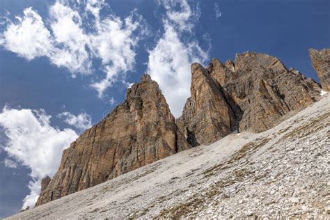 The Three Peaks Of Lavaredo As Seen From The Main Trail Below Stock