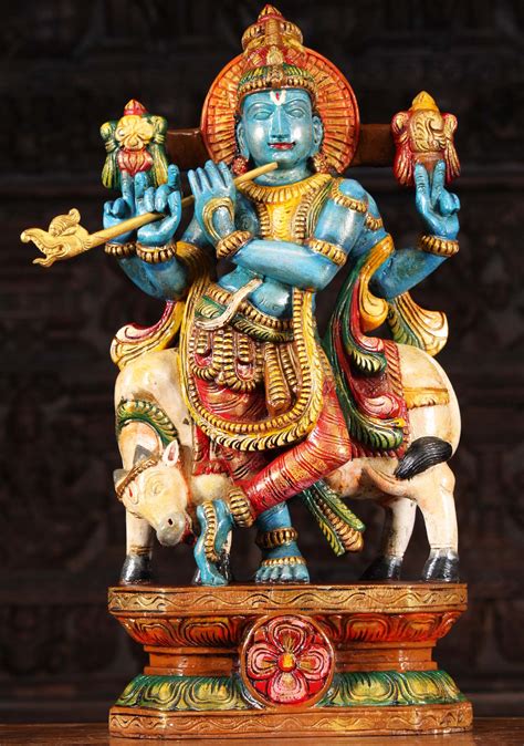 Sold Painted Wood Blue Krishna Statue With Cow 24 94w9dg Hindu