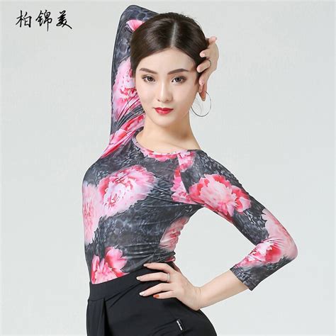Latin Dance Shirt Female Adult New Sleeve Clothing Practice Show Womens Printed Modern
