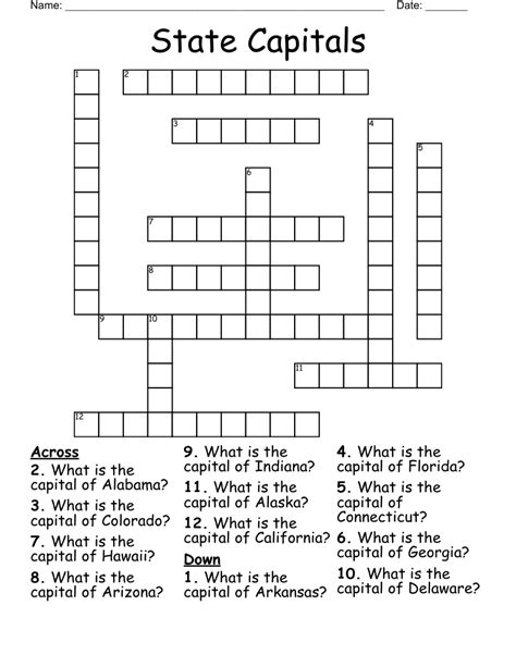States And Capitals Crossword Puzzle Crossword Puzzles Printable