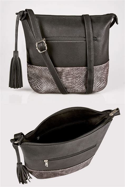 Black Faux Snakeskin Trim Bucket Bag With Tassel And Extended Strap