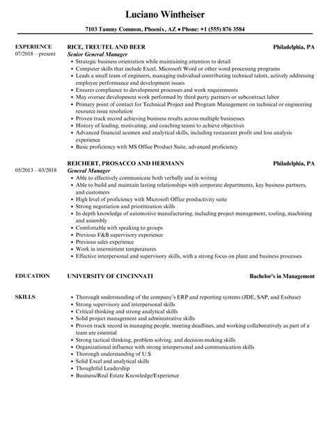 General Manager Resume Samples Velvet Jobs