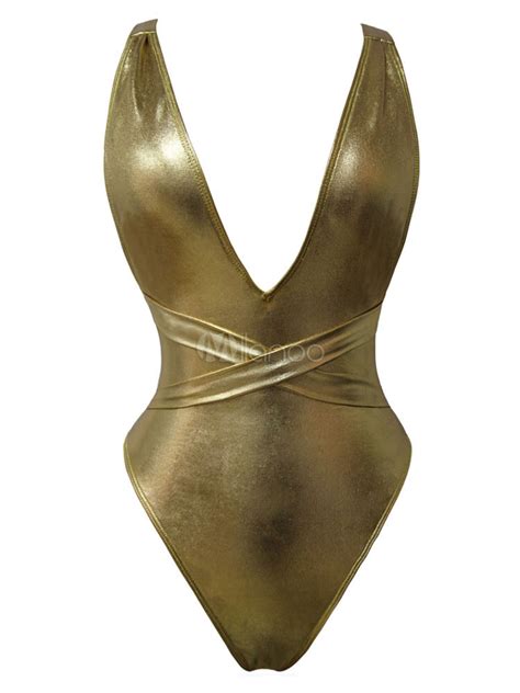 Sexy Metallic Gold One Piece Swimsuit Multiway Beach Bathing Suit For Women