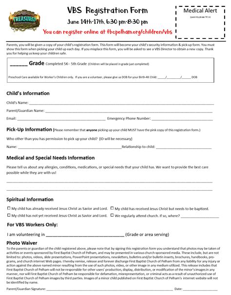 Vbs Registration Form Fbc Pelham