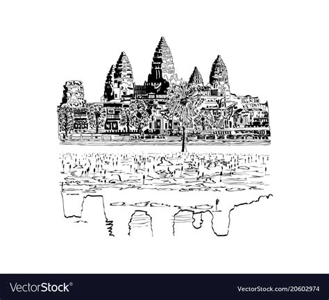 Hand Drawn Sketch Angkor Wat Temple Royalty Free Vector
