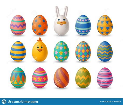 Easter Cute Eggs Set With White Bunny And Chicken Stock Vector