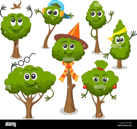 Cute Trees With Faces Funny Smiling Tree And Bush Set Isolated On
